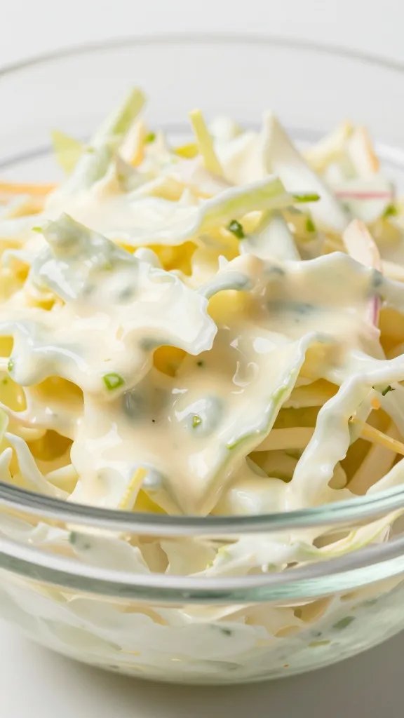 closeup of coleslaw in clear glass bowl, creamy dressing