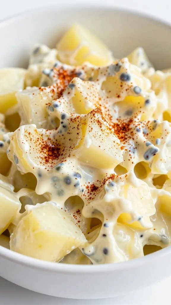 closeup of potato salad in white ceramic bowl, paprika dusting