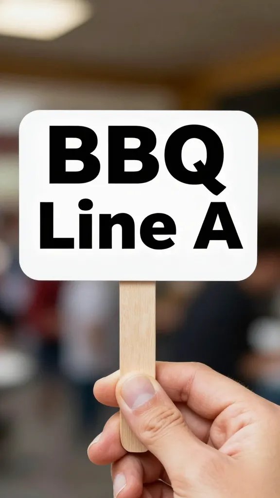 handheld stick-on name label reading “BBQ Line A”