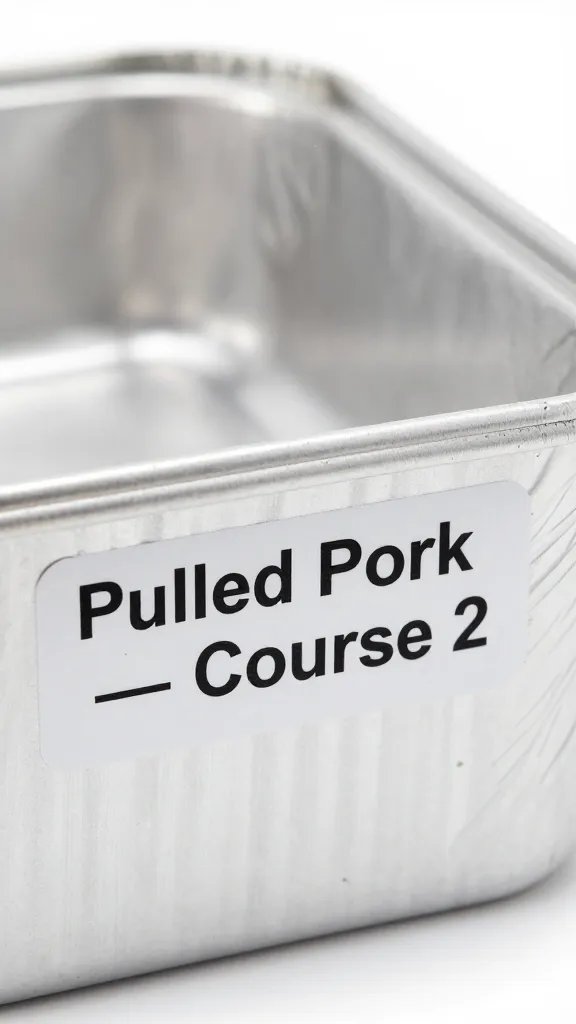 labeled aluminum pan marked “Pulled Pork — Course 2” closeup