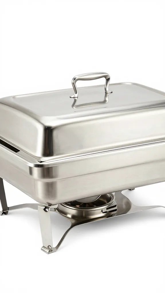 stainless chafing dish with Sterno flame under lid handle