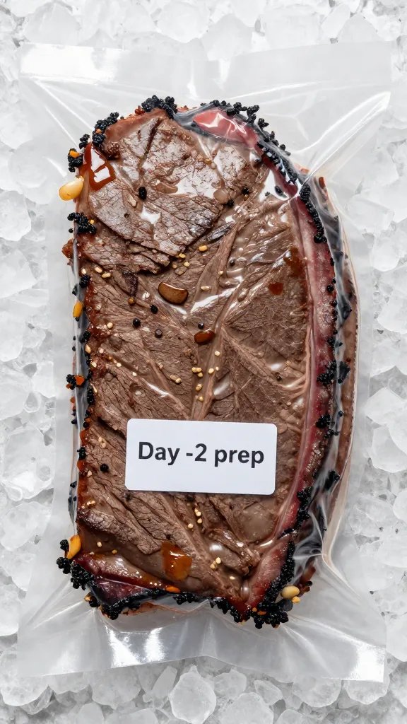 vacuum-sealed brisket flat labeled “Day -2 prep” on ice