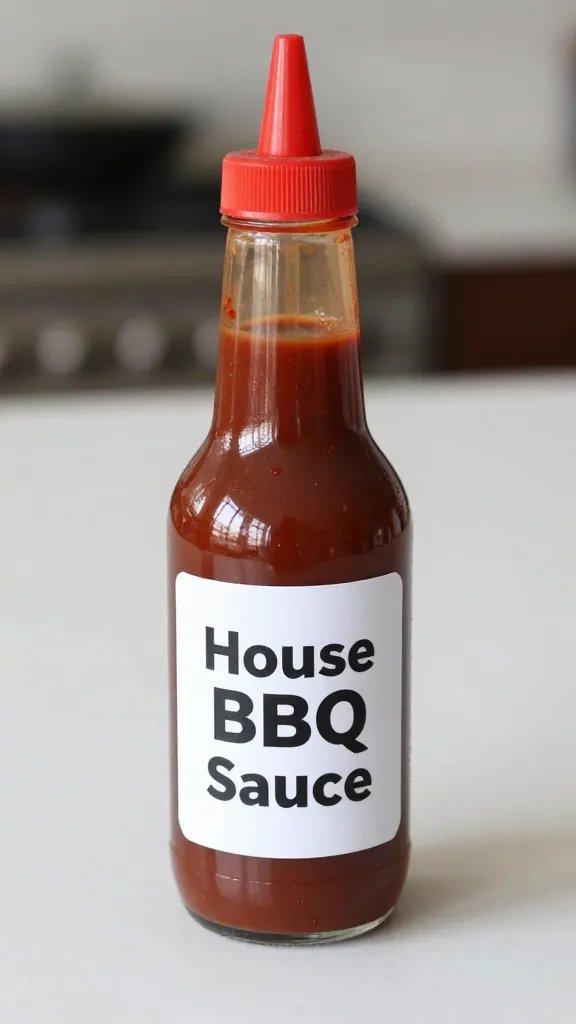 single squeeze bottle labeled “House BBQ Sauce” on table