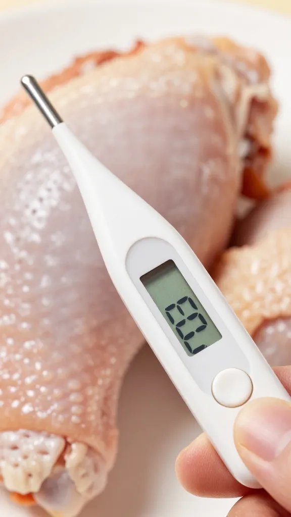 digital probe thermometer inserted into chicken thigh