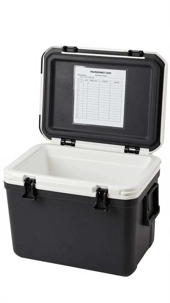 full-size cooler lid with taped packing list checklist