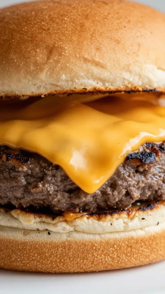closeup of grilled burger with melted cheddar on brioche bun