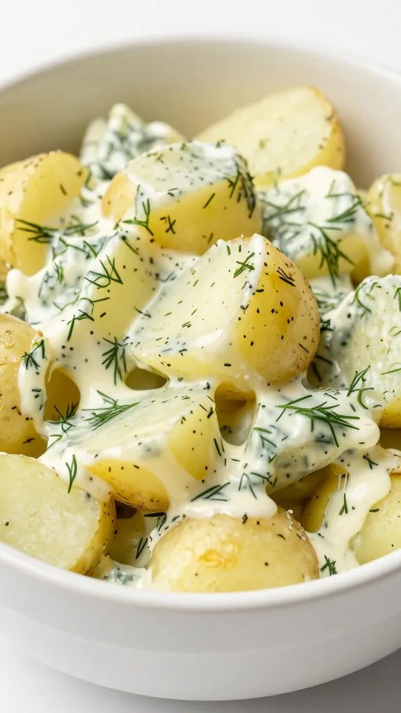 classic potato salad with dill in ceramic bowl, closeup