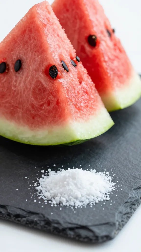 watermelon wedge with chili salt on slate plate, closeup