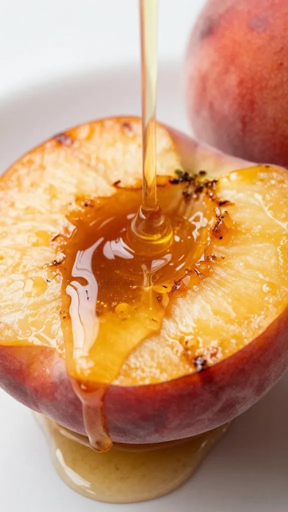 grilled peach half with honey drizzle, macro shot