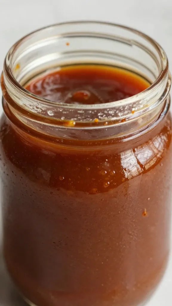 mason jar of tangy barbecue sauce, brushed rim closeup