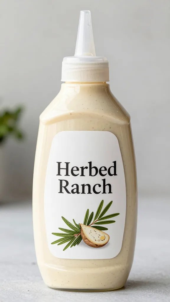 squeeze bottle of herbed ranch dressing, label facing camera
