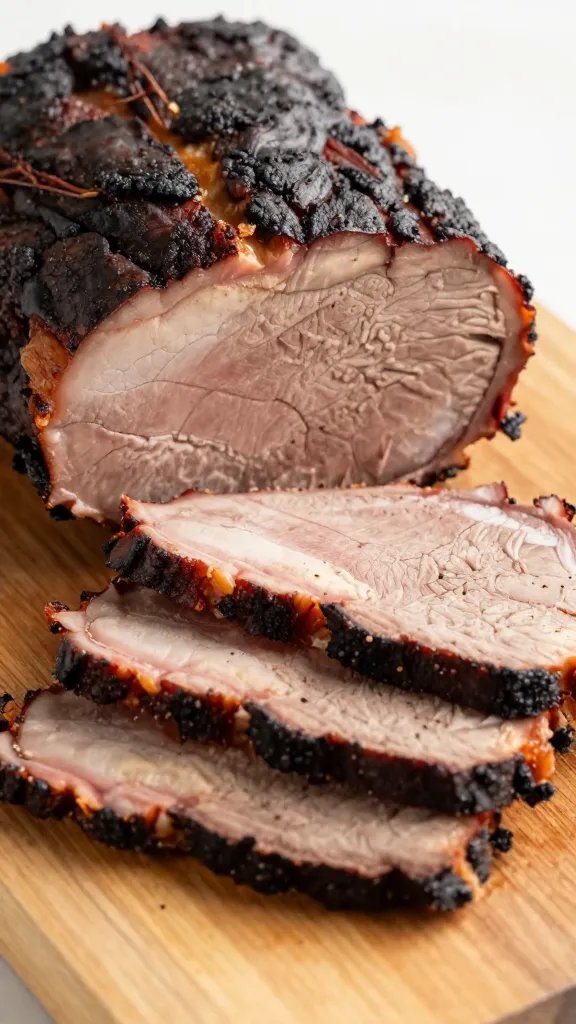 closeup of sliced smoked brisket on wooden board