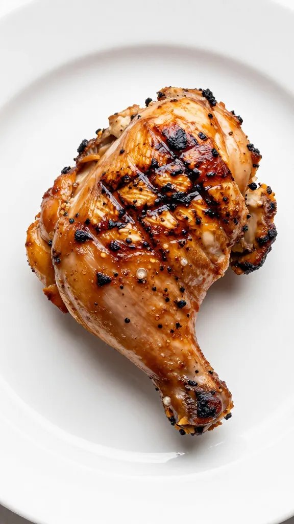grilled chicken thigh with char marks on white plate