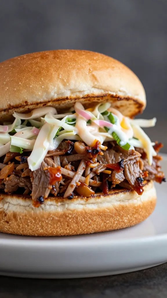 single pulled pork sandwich with tangy slaw