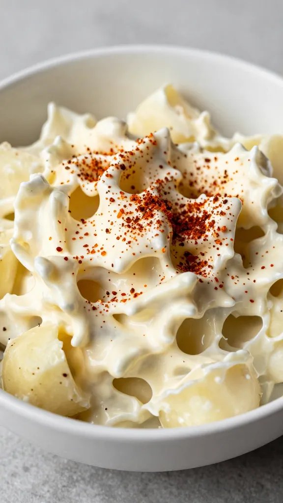 classic potato salad in white bowl, paprika garnish