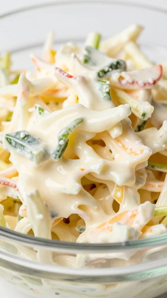creamy coleslaw in glass bowl, closeup texture