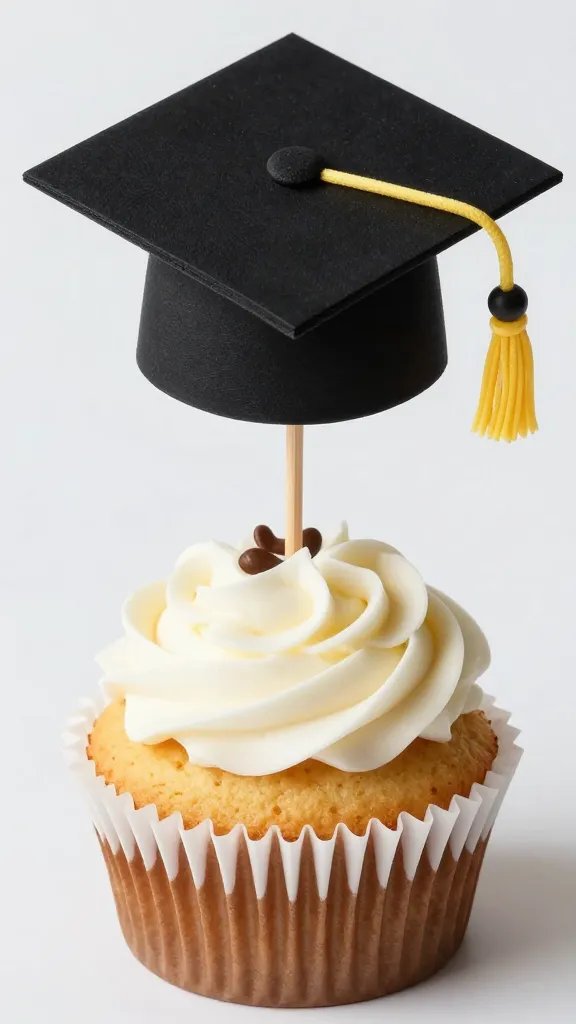 graduation-themed cupcake with black mortarboard topper