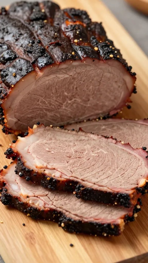 Closeup of sliced smoked brisket on wooden board