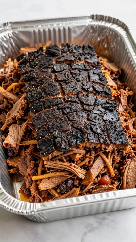 Pulled pork mound with bark in aluminum pan