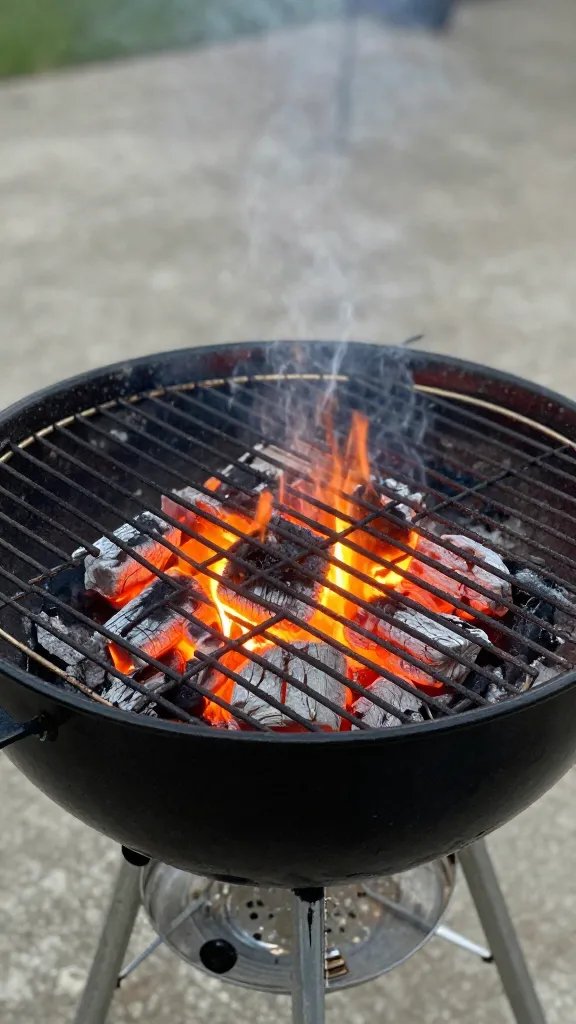 Two-zone charcoal grill grate glowing with coals