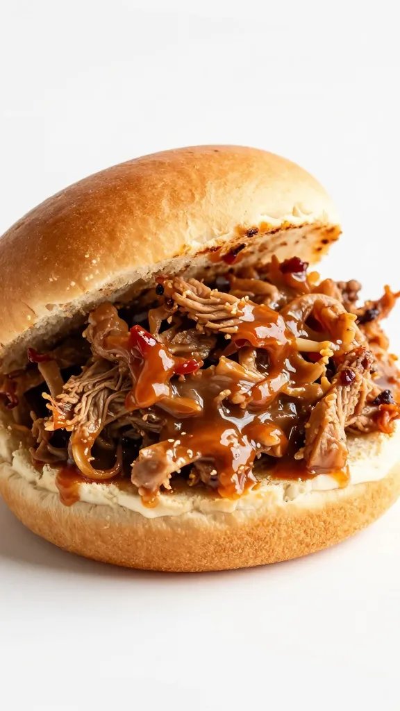 Single brioche bun stuffed with sauced pulled pork