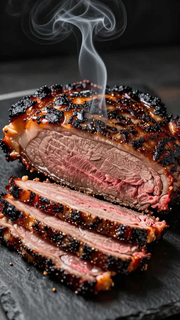 Brisket slice with smoke ring on carving knife