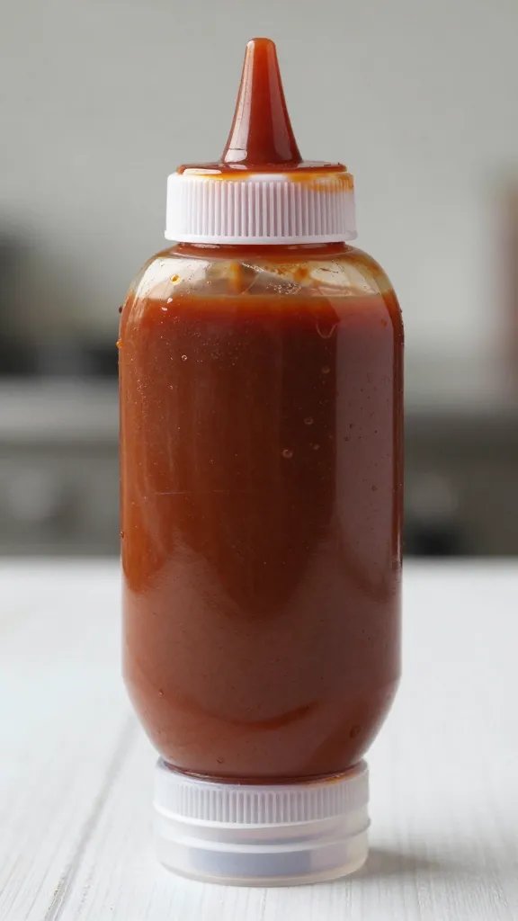 Squeeze bottle of homemade BBQ sauce with drips