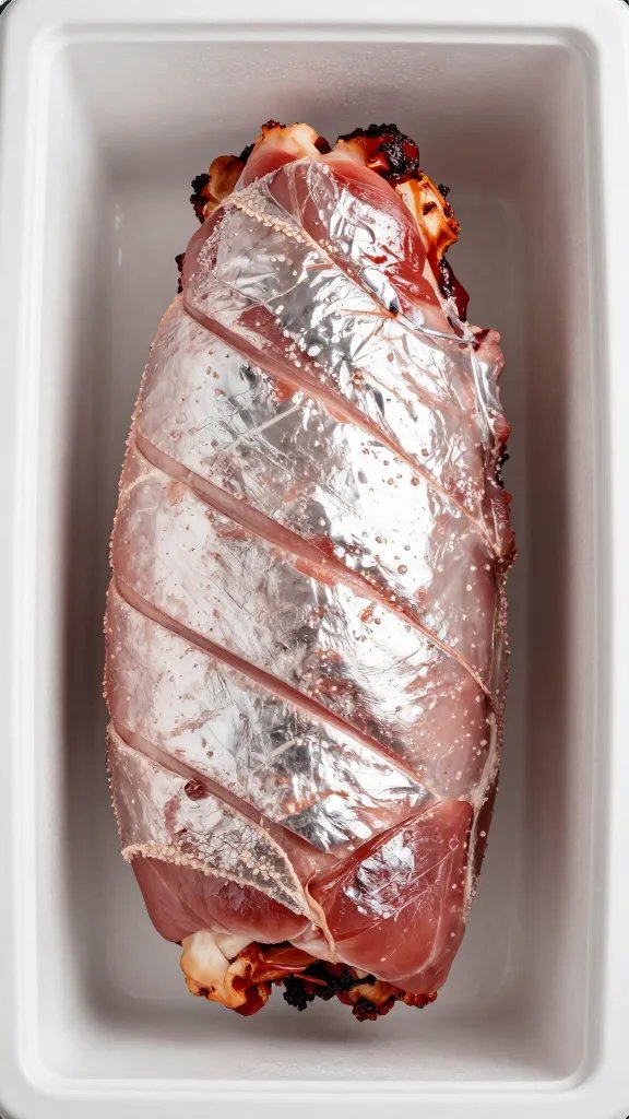 Foil-wrapped pork shoulder resting in cooler