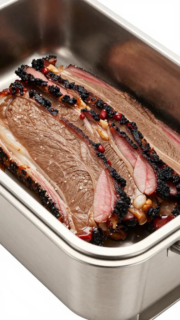 Stainless steel chafing pan filled with brisket slices