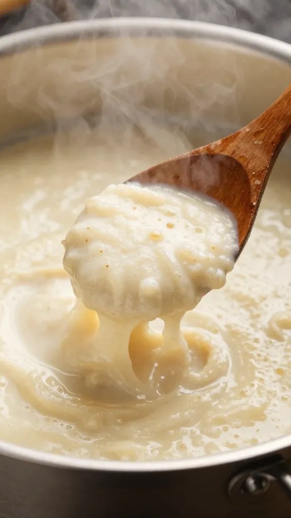Steaming pot of thick pap, wooden spoon closeup