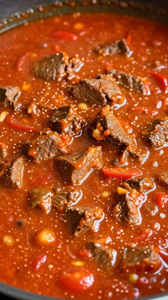 Closeup of beef sous simmering in rich tomato gravy