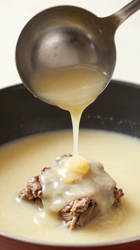Ladle dripping sous gravy over one chunk of meat