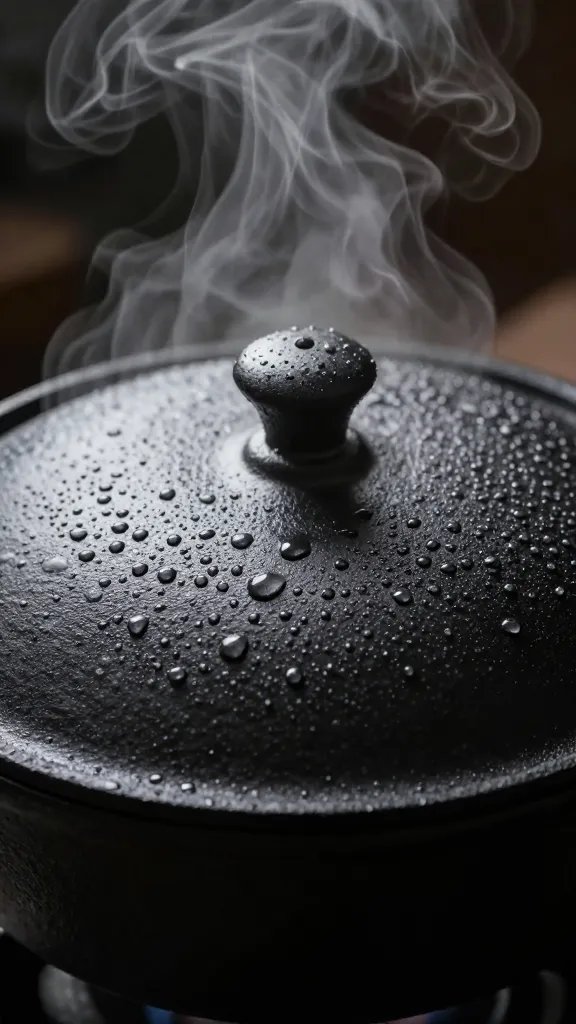 Cast-iron pot lid beaded with steam droplets