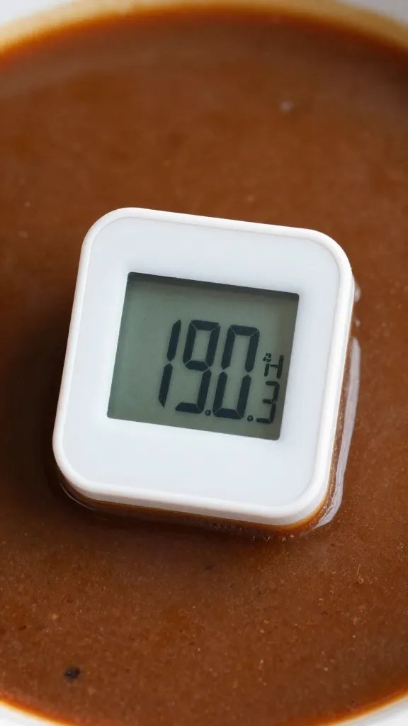 Digital thermometer reading in sous gravy surface