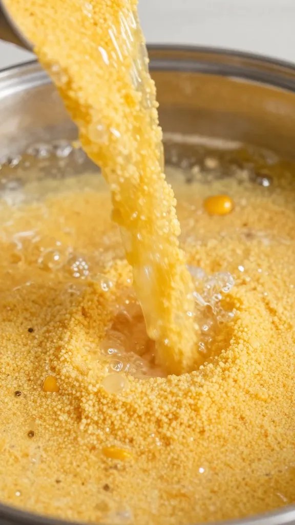Closeup of maize meal pouring into boiling water