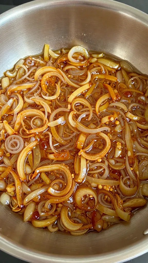 caramelized onions sweating in oil in wide pot