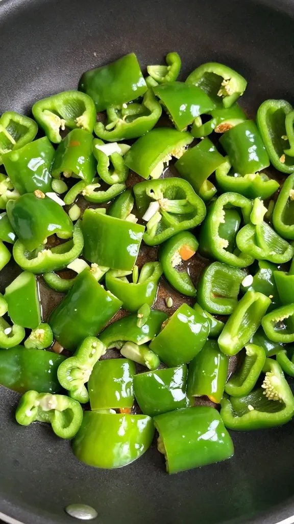 diced green bell pepper glistening in sauté pan