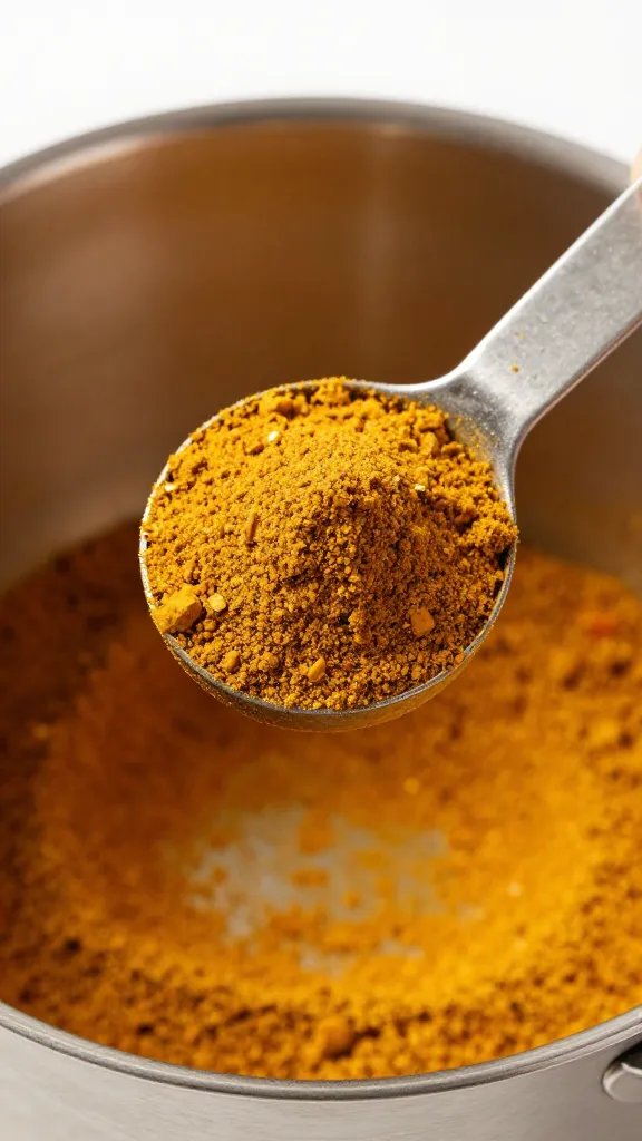 measuring spoon of mild curry powder above pot