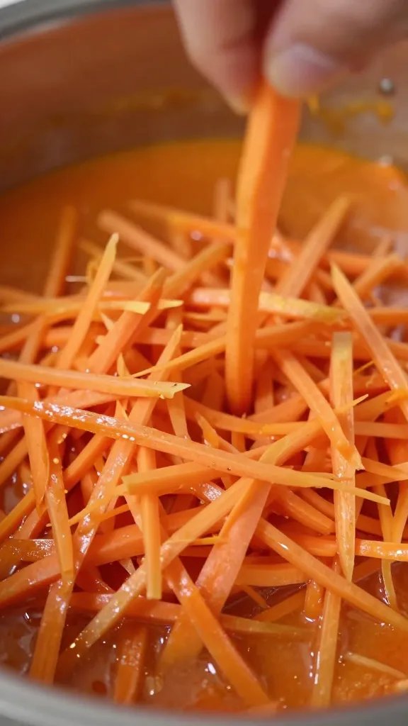 closeup of grated carrots being stirred into sauce