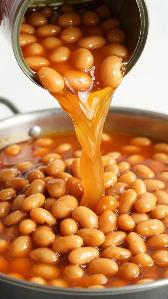 can of baked beans pouring into simmering chakalaka