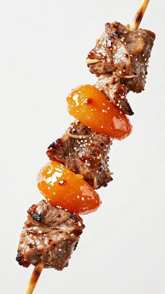 closeup of lamb sosatie skewer with apricot glaze