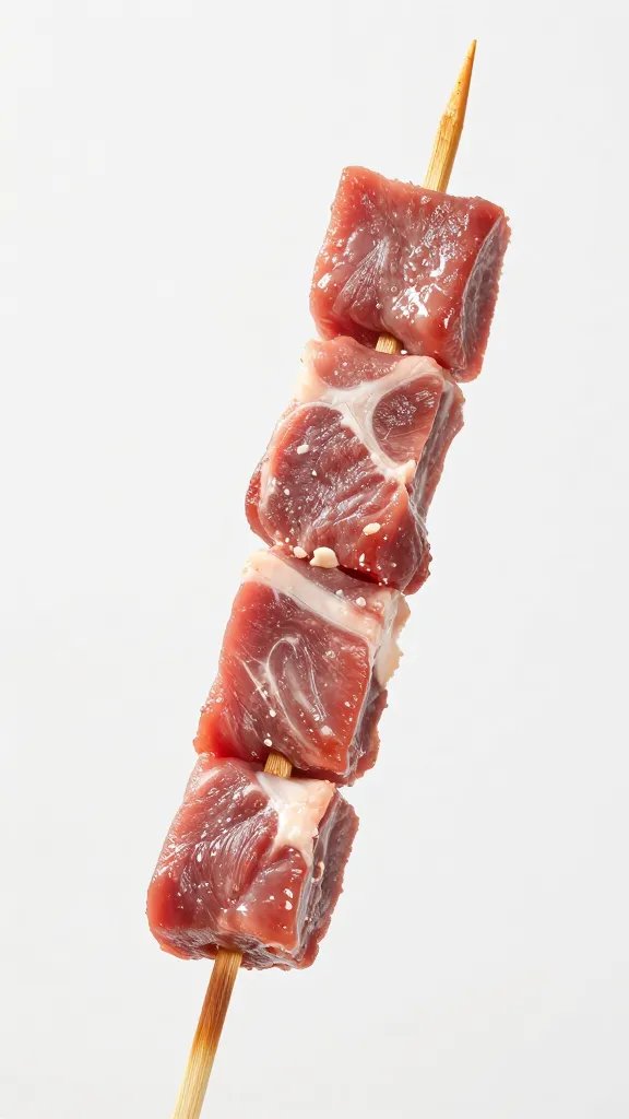 single raw skewered lamb cube on bamboo stick