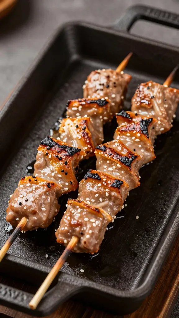 grilled sosatie skewer resting on cast-iron grate