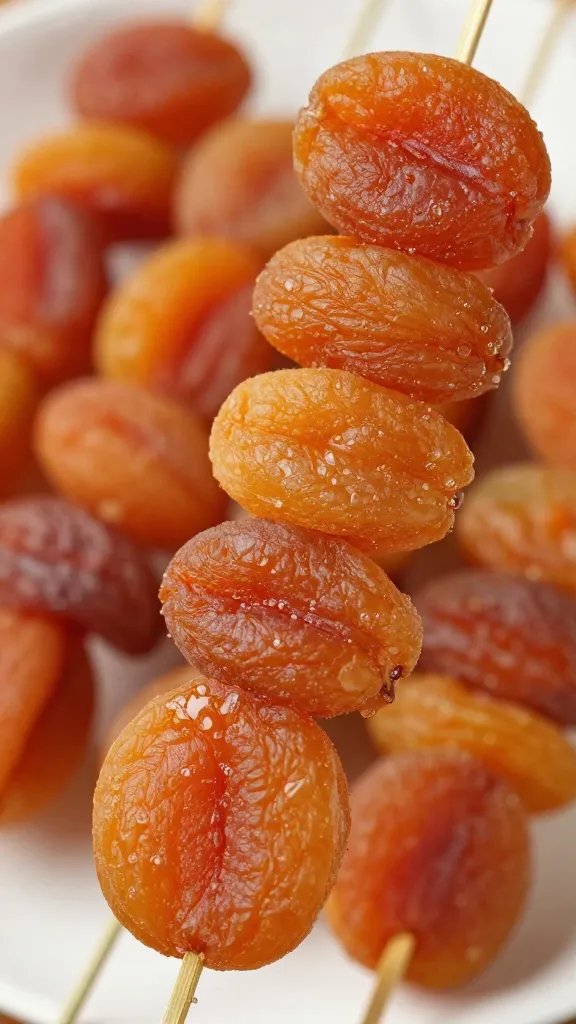 closeup of dried apricot threaded on skewer