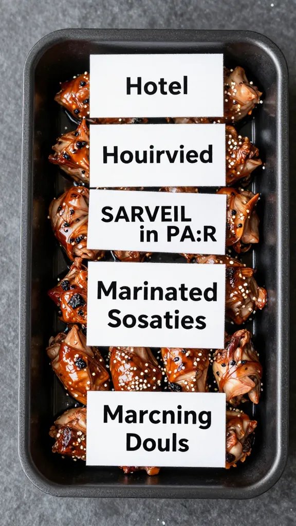 labeled hotel pan of marinating sosaties, overhead