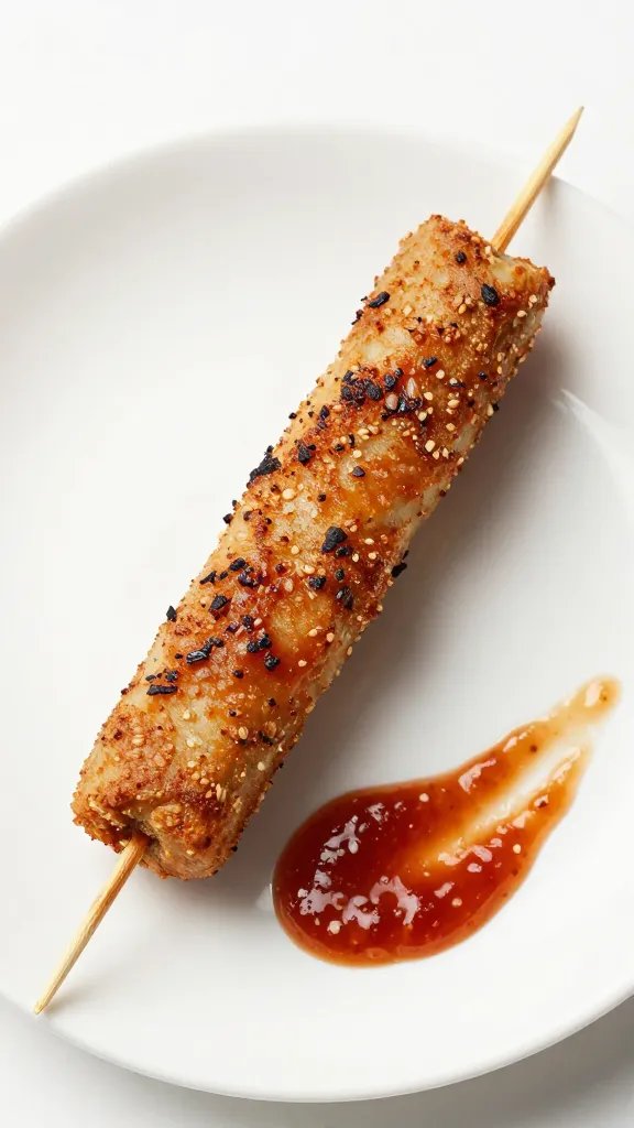 single sosatie skewer on white plate with chutney smear
