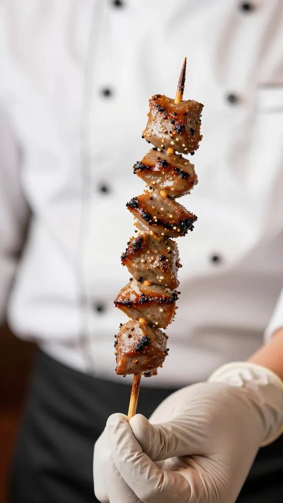 chef’s gloved hand holding finished sosatie skewer