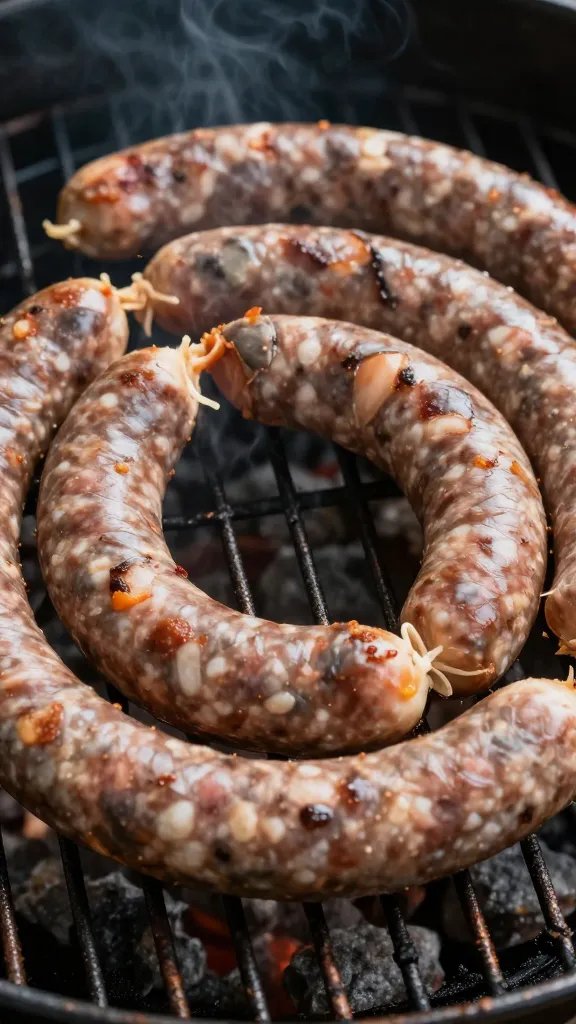 Closeup of coiled boerewors on sizzling braai grate