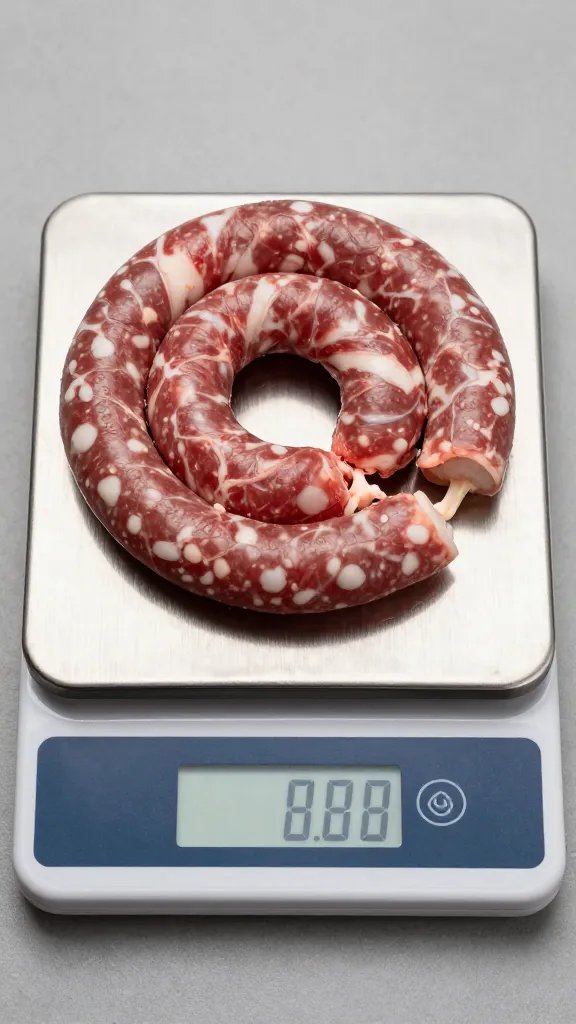 Digital kitchen scale weighing raw boerewors coil