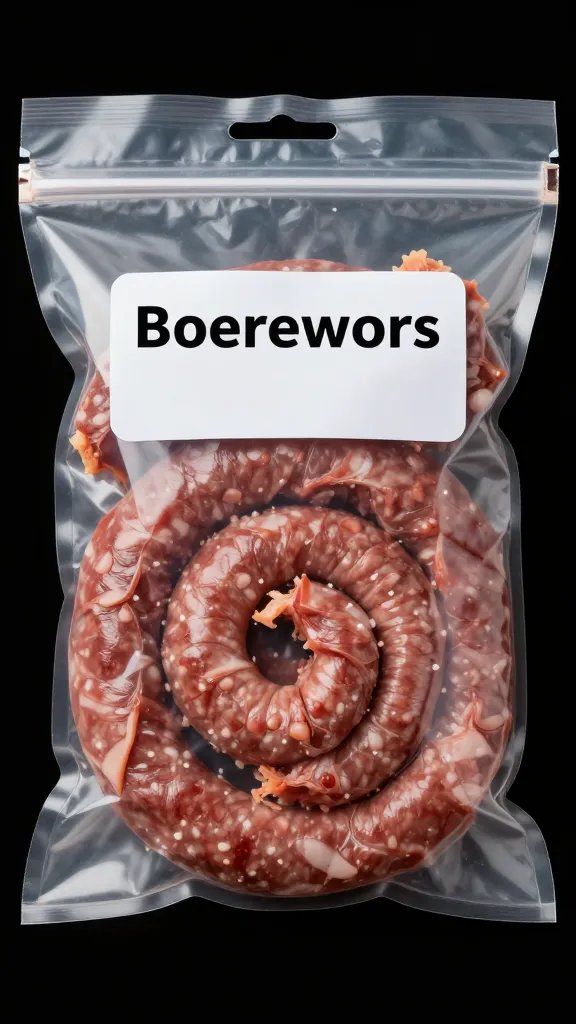 Labeled freezer bag with portioned boerewors coil